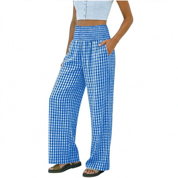 BUIGTTKLOP Pajamas Pants for Women Smocked High Waisted Lounge Pants Plaid Wide Leg Loose Fitted Loungewear