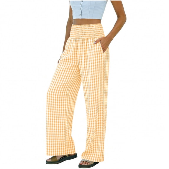 BUIGTTKLOP Pajamas Pants for Women Smocked High Waisted Lounge Pants Plaid Wide Leg Loose Fitted Loungewear
