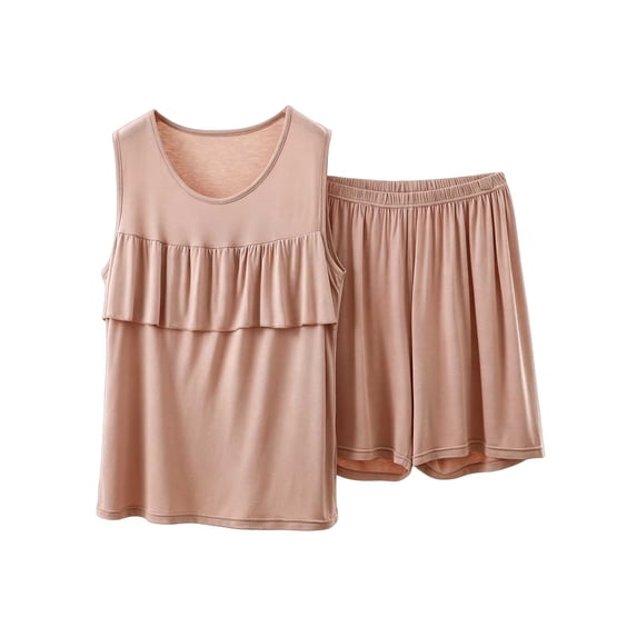 BUIGTTKLOP Pajamas Sets for Women Sleeveless Crewneck Ruffle Tank Tops High Waisted Shorts Comfy Loungewear