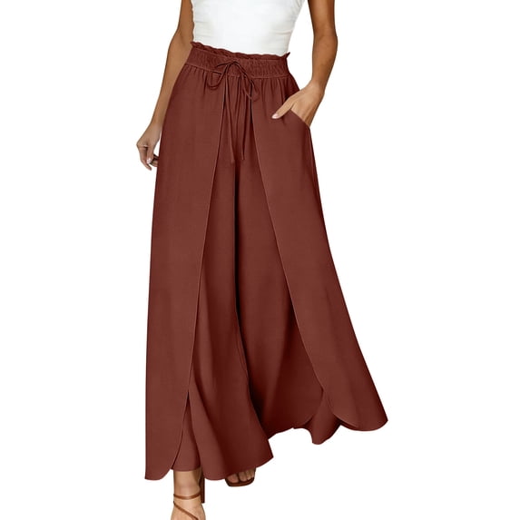 BUIGTTKLOP Palazzo Pants for Women Drawstring High Waisted Beach Pants Casual Flowy Summer Trousers