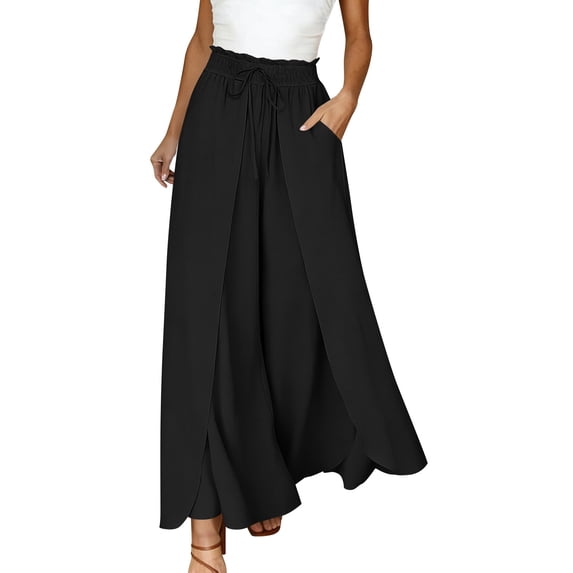 BUIGTTKLOP Palazzo Pants for Women Drawstring High Waisted Beach Pants Casual Flowy Summer Trousers