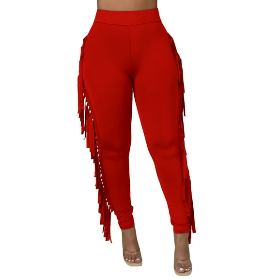 Buigttklop Pants for Women 2024 Clothes Tight High Waist Fringed Bandage Pants Solid Color Knitted Tassel Pants