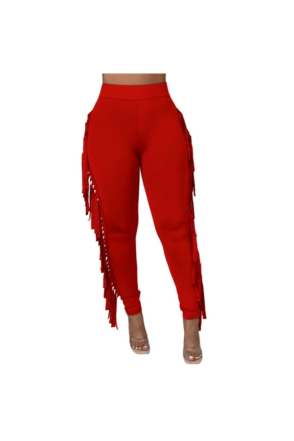 Pants for Women 2024 Clothes Tight High Waist Fringed Bandage Pants Solid Color Knitted Tassel Pants