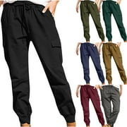 BUIGTTKLOP Pants for Women Clearance 2024 Plus Size Drawstring Casual Solid Elastic Waist Pocket Loose Pants