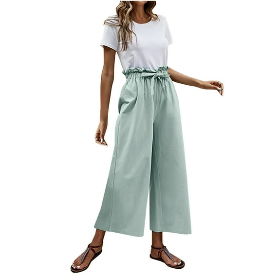 BUIGTTKLOP Pants for Women Clearance 2024 Solid Buttons Cotton And Linen Casual Loose Trouser Wide Leg Pants
