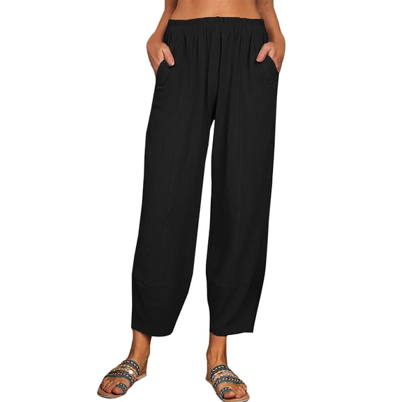 Buigttklop Pants for Women 2024 Solidcotton and Linen Casual Loose Trouser Wide Ninth Pants Pants