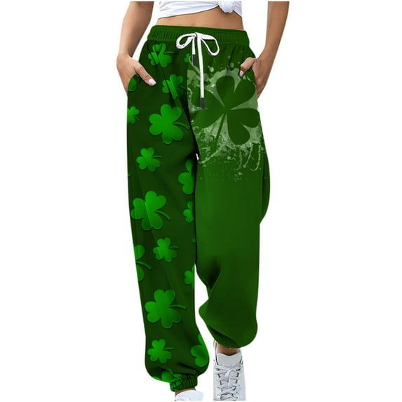 Buigttklop Pants for Women 2024 St. Patrick'S Day Casual Printing Pocket Elastic Waist Trousers Long Straight Pants Sweatpants