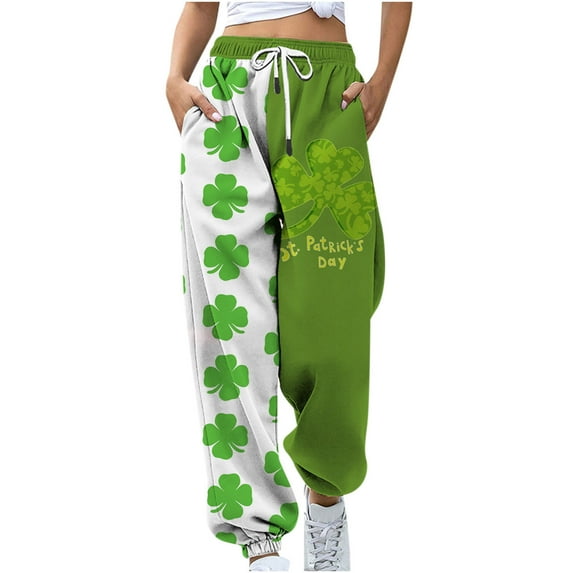 Buigttklop Pants for Women 2024 St. Patrick'S Day Casual Printing Pocket Elastic Waist Trousers Long Straight Pants Sweatpants