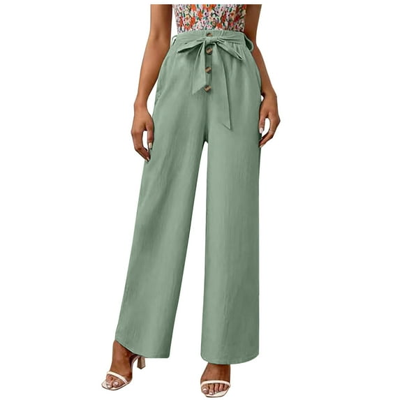 Buigttklop Pants for Women 2024 Summer Solid Cotton Linen Casual Button Elastic Waist Long Pants