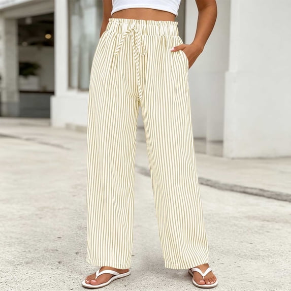 BUIGTTKLOP Pants for Women Drawstring High Waisted Casual Pants Striped Wide Leg Trousers with Pockets