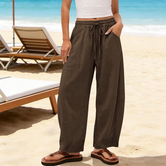 BUIGTTKLOP Pants for Women Drawstring High Waisted Cotton Lounge Pants Wide Leg Summer Beach Trousers with Pockets