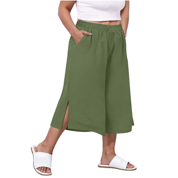 BUIGTTKLOP Plus Size Capri Pants for Women Drawstring High Waisted Cropped Lounge Pants Straight Wide Leg Loose Fittted Capris