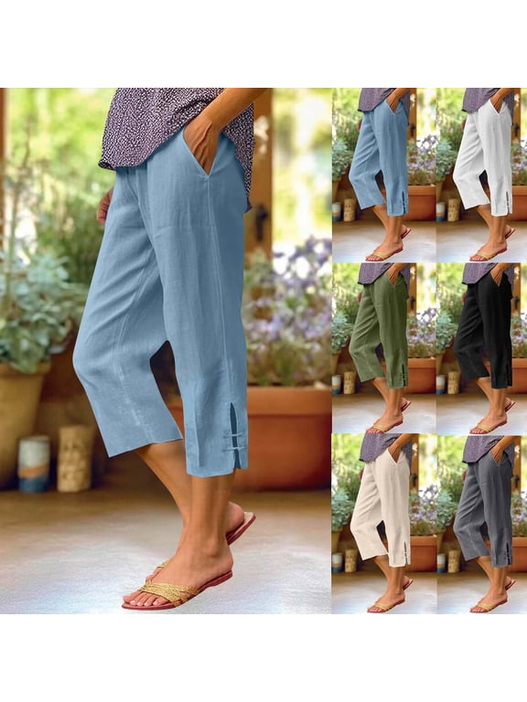 Plus Size Capri Pants for Women High Waisted Cropped Lounge Pants Side Split Casual Summer Ladies Pull on Capris