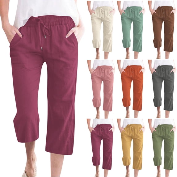 BUIGTTKLOP Plus Size Capris Pants for Women Cotton Linen Straight Wide Leg Summer Capris Drawstring Elastic Waist Cropped Trousers