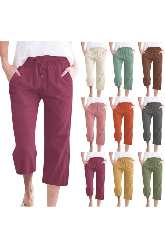 Plus Size Capris Pants for Women Cotton Linen Straight Wide Leg Summer Capris Drawstring Elastic Waist Cropped Trousers