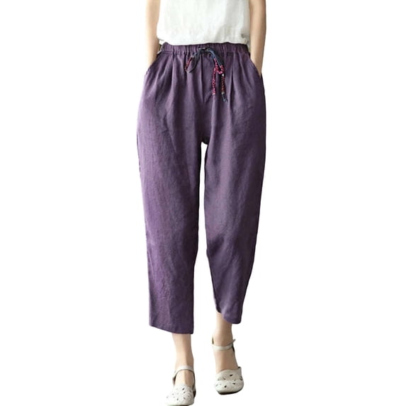 BUIGTTKLOP Plus Size Cotton Linen Capri Pants for Women Darwstring High Waisted Carip Pants Straight Leg Cropped Lounge Pants