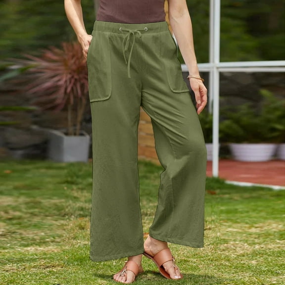 BUIGTTKLOP Plus Size Cotton Linen Pants for Women Drawstring High Waisted Lounge Pants Straight Leg Loose Trousers