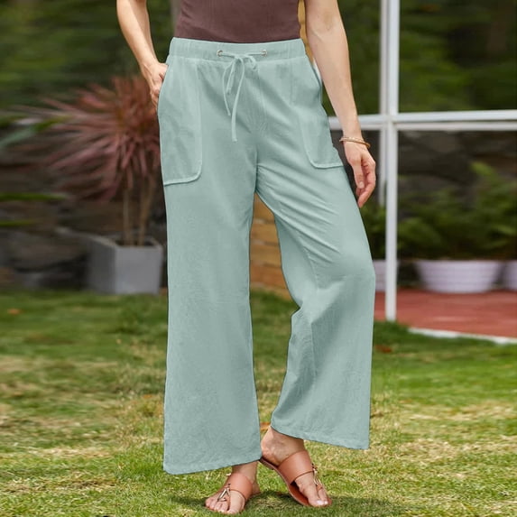 BUIGTTKLOP Plus Size Cotton Linen Pants for Women Drawstring High Waisted Lounge Pants Straight Leg Loose Trousers
