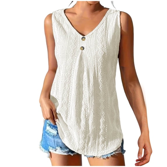 BUIGTTKLOP Plus Size Cotton Linen Tank Tops for Women Sleeveless Shirts Button up V Neck Blouses Pleated Tunic Tops