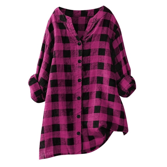 BUIGTTKLOP Plus Size Cotton Linen Tops for Women Button down Plaid Shirts Casual V Neck Dressy Blouses Solid Color Tunic Tops
