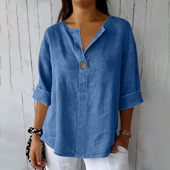 BUIGTTKLOP Plus Size Denim Tops for Women 3/4 Length Sleeve Jeans Tops Casual V Neck T Shirts Loose Fitted Blouses