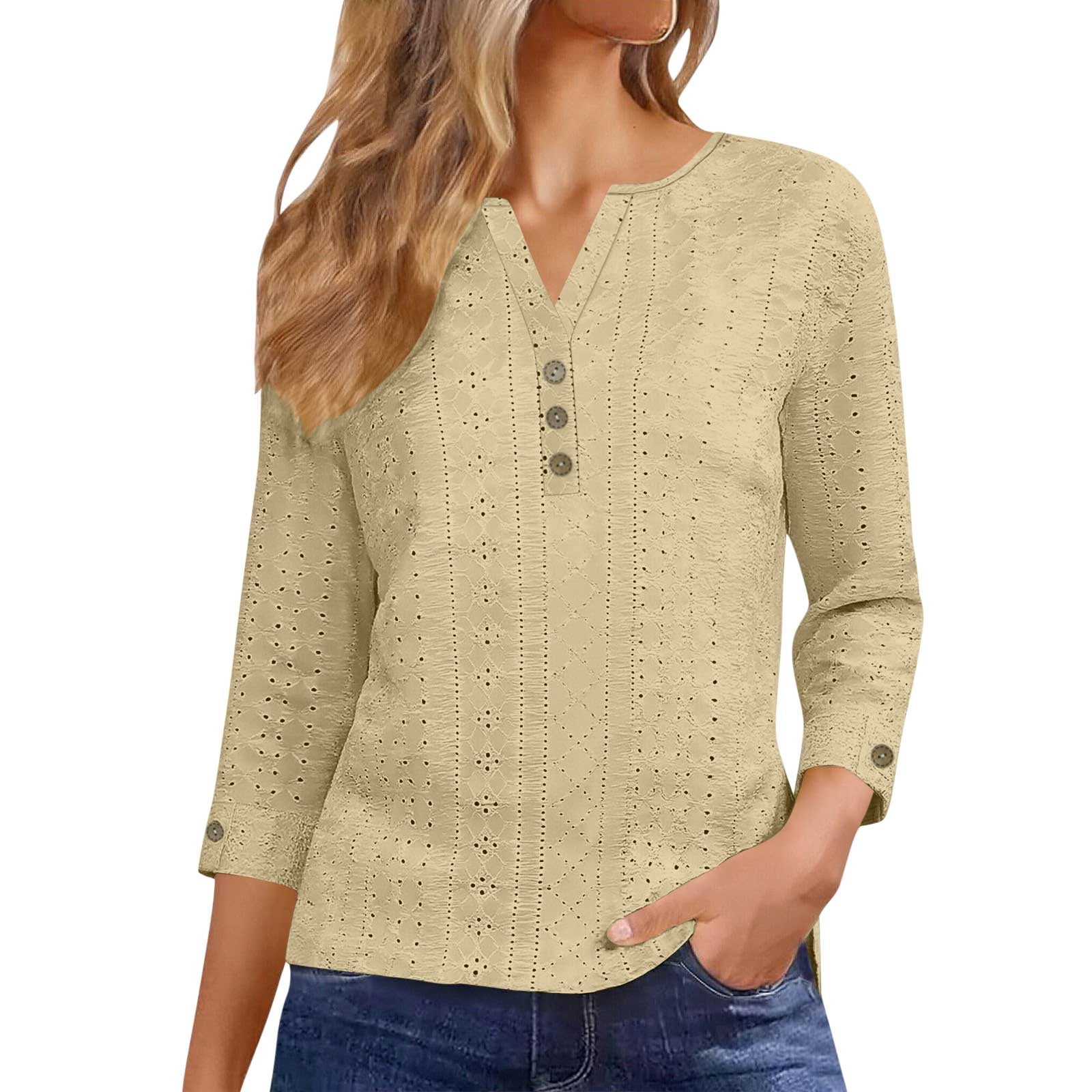 BUIGTTKLOP Plus Size Eyelet Tops for Women Long Sleeve Shirts Causal V ...