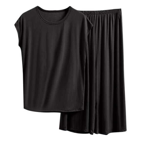 BUIGTTKLOP Plus Size Pajamas Sets for Women Crewneck Short Sleeve Top Elastic Waisted Capri Pants Loungewear Homewear Sleepwear