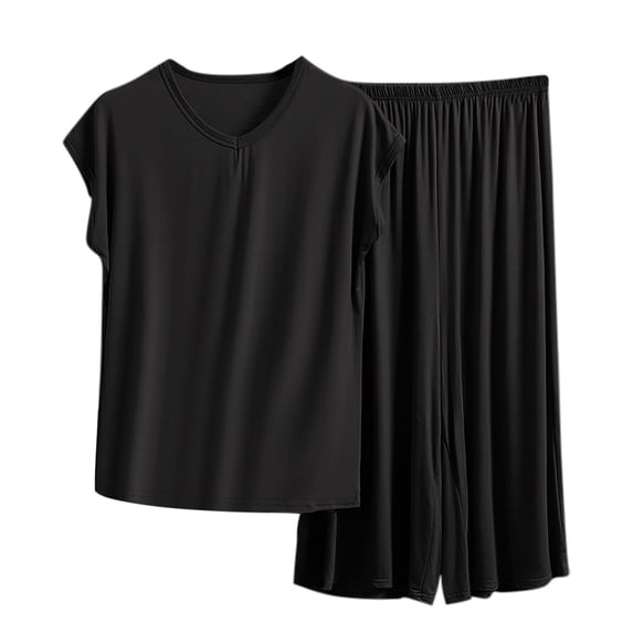 BUIGTTKLOP Plus Size Pajamas Sets for Women V Neck Short Sleeve Top Elastic Waisted Capri Pants Loungewear Homewear Sleepwear