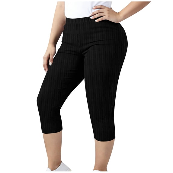 BUIGTTKLOP Plus Size Ribbed Knit Capri Leggings for Women High Waisted Cropped Lounge Pants Stretchy Pull on Slim Fitted Capris