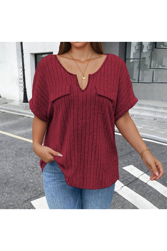 Plus Size Sweaters for Women Short Sleeve Shirts Casual V Neck Pullover Tops Loose Fitted Tunic Tops