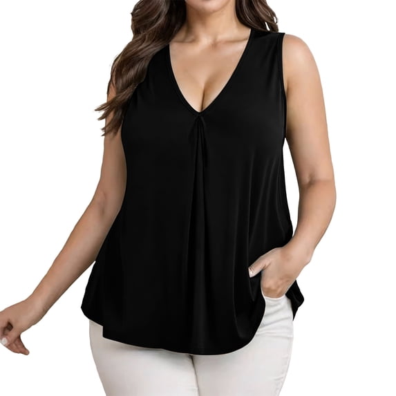 BUIGTTKLOP Plus Size Tank Tops for Women Plain Sleeveless Shirts V Neck Pleated Dressy Casual Blouses Loose Fitted Tunic Tops