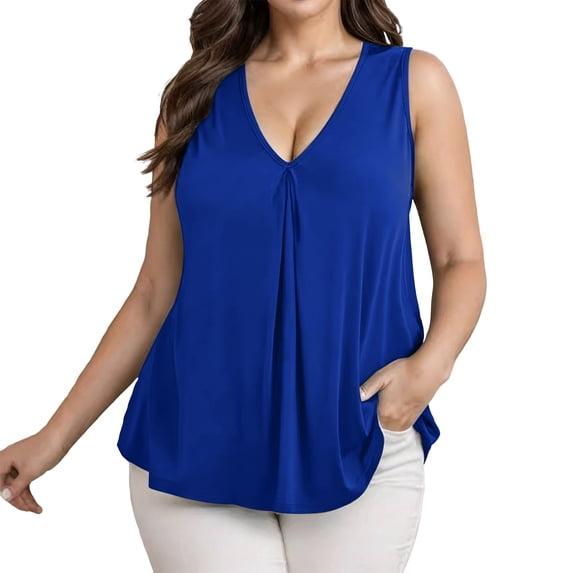 BUIGTTKLOP Plus Size Tank Tops for Women Plain Sleeveless Shirts V Neck Pleated Dressy Casual Blouses Loose Fitted Tunic Tops