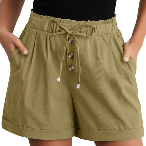 BUIGTTKLOP Ribbed Knit Shorts for Women Summer Trendy Drawstring Elastic Waist Beach Wide Leg Short with Pockets