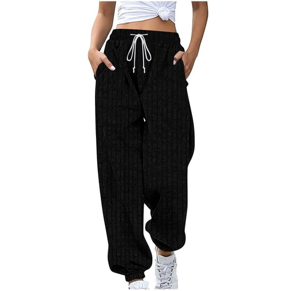 BUIGTTKLOP Ribbed Knit Sweatpants for Women Drawstring High Waisted Baggy Sweat Pants Cinch Bottom Track Pants