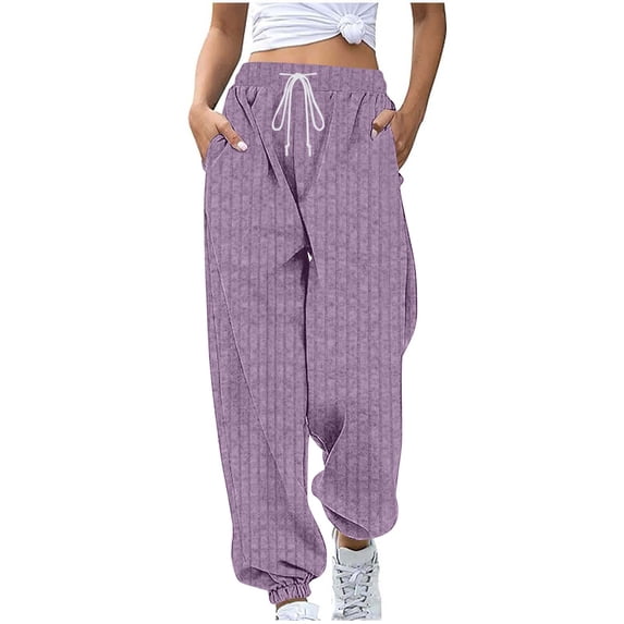 BUIGTTKLOP Ribbed Knit Sweatpants for Women Drawstring High Waisted Baggy Sweat Pants Cinch Bottom Track Pants