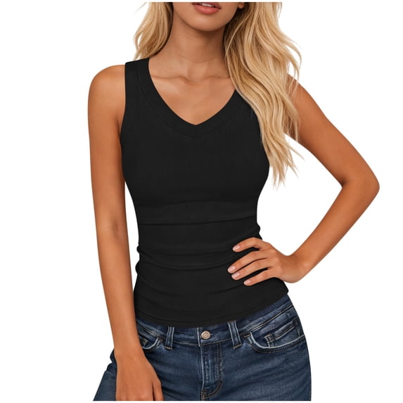 BUIGTTKLOP Ribbed Knit Tank Tops for Women Sleeveless Shirts Casual V Neck Going out Tops Stretchy Slim Fitted Basic Tees
