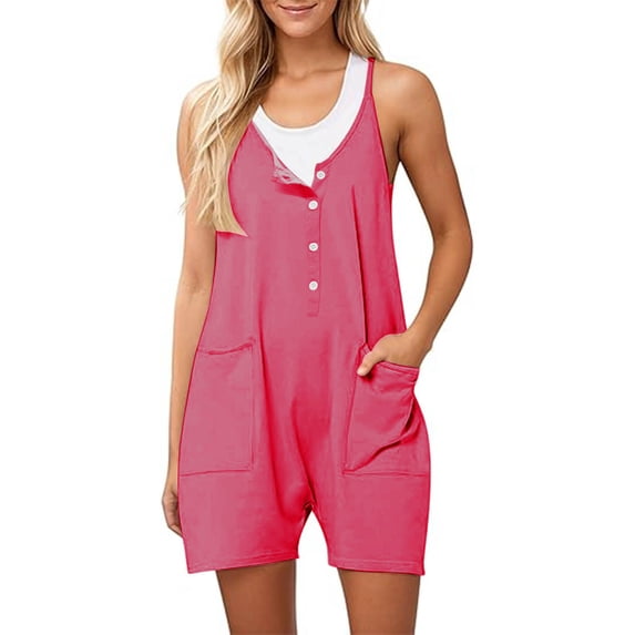 BUIGTTKLOP Rompers for Women Summer Casual Sleeveless Jumpsuits Loose Spaghetti Strap Button down Shorts Overalls with Pockets