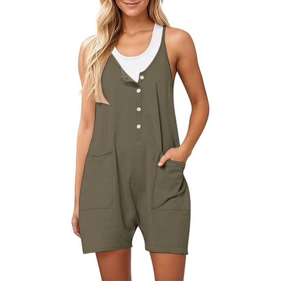 BUIGTTKLOP Rompers for Women Summer Casual Sleeveless Jumpsuits Loose Spaghetti Strap Button down Shorts Overalls with Pockets