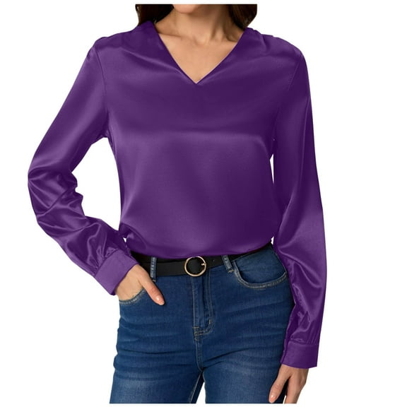 BUIGTTKLOP Satin Tops for Women Dressy Casual Long Sleeve Work Shirts V Neck Loose Fitted Business Office Top Blouses