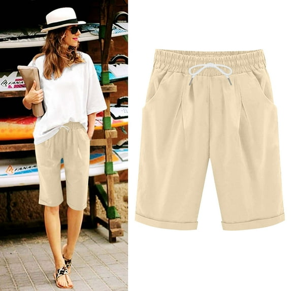 BUIGTTKLOP Shorts for Women Knee Length High Waisted Shorts Rolled up Hem Stright Wide Leg Lounge Shorts with Pockets