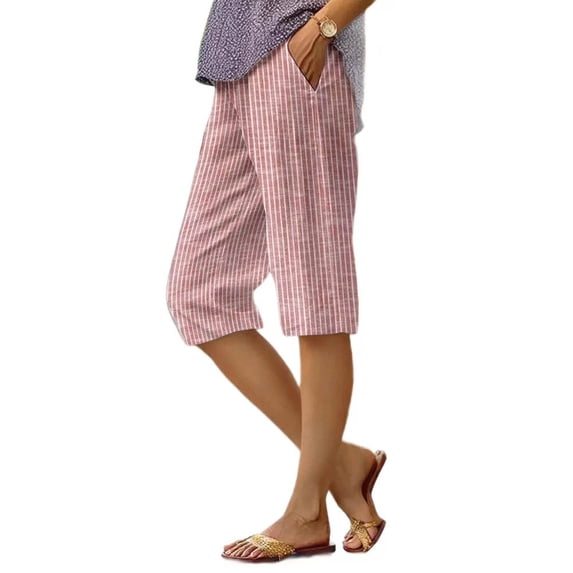 BUIGTTKLOP Shorts for Women Summer Pull on Bermuda Cotton Linen Shorts Knee Length Striped Casual Beach Shorts with Pockets