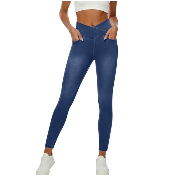 BUIGTTKLOP Skinny Pants for Women Trendy Butt Lifting Leggings Crossover Waisted Slim Fitted Pants with Pockets