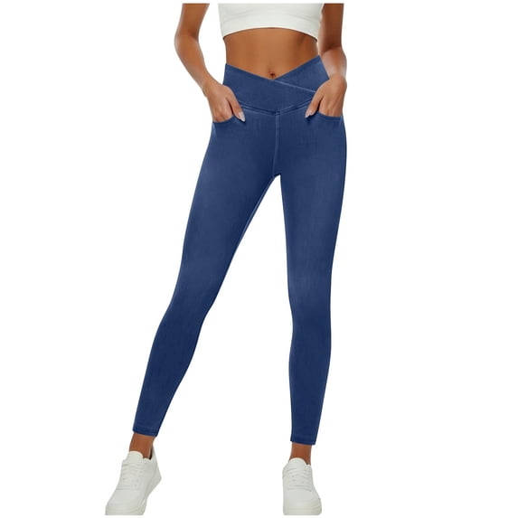 BUIGTTKLOP Skinny Pants for Women Trendy Butt Lifting Leggings Crossover Waisted Slim Fitted Pants with Pockets