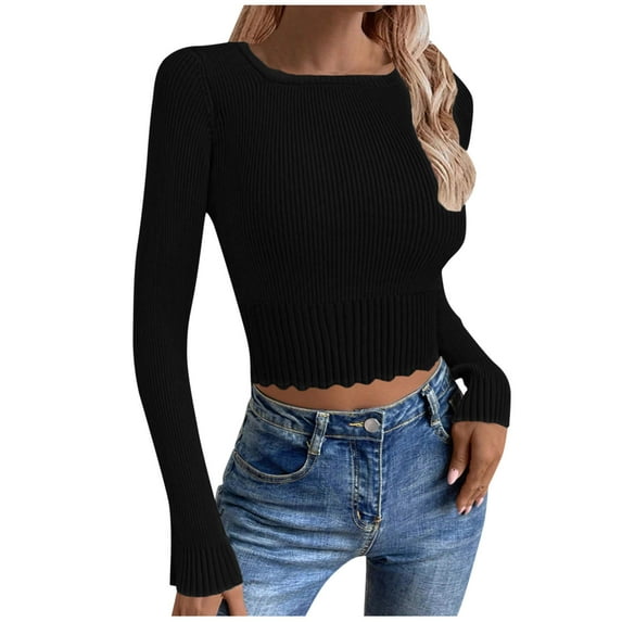 BUIGTTKLOP Square Neck Sweaters for Women Long Sleeve Ribbed Knit Stretchy Slim Fitted Basic Cropped Tees