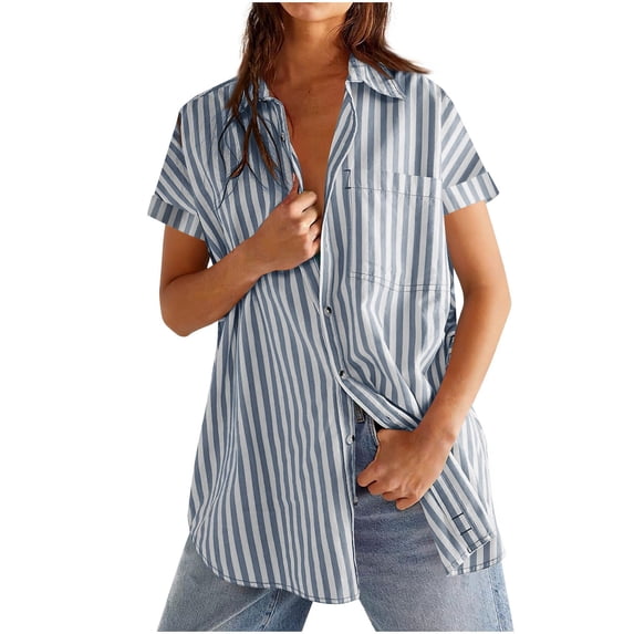 BUIGTTKLOP Women's Striped Button down Shirts Casual Short Sleeve V Neck Blouses Tops with Pockets