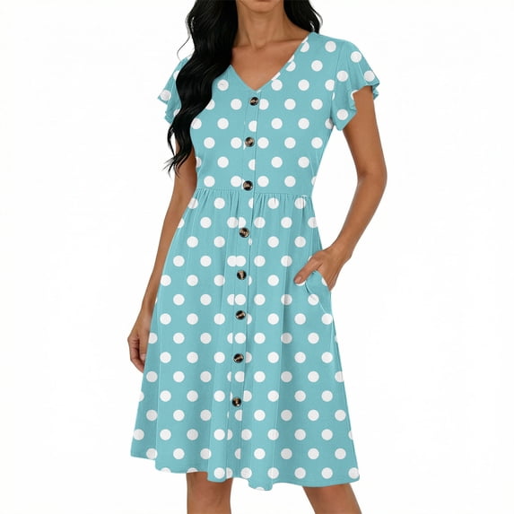 BUIGTTKLOP Summer Dress for Women Ruffle Sleeve Mini Dress Dotted Casual Flowy Buttton down Sundress with Pockets