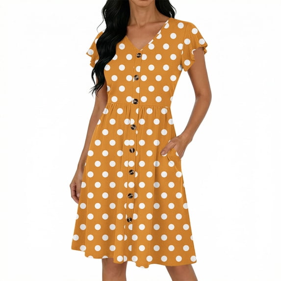 BUIGTTKLOP Summer Dress for Women Ruffle Sleeve Mini Dress Dotted Casual Flowy Buttton down Sundress with Pockets