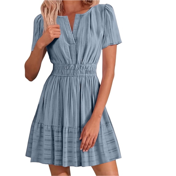 BUIGTTKLOP Summer Dress for Women Short Sleeve Short Dresses V Neck A Line Pleated Flowy Mini Dresses