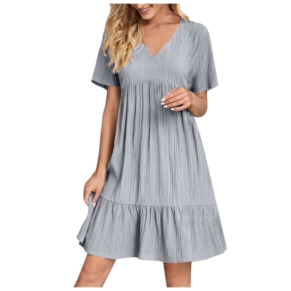 BUIGTTKLOP Summer Dresses for Women 2026 Vacation Short Sleeve VNeck Mini T Shirt Dress Pleated Ruffle Flowy Beach Sundresses