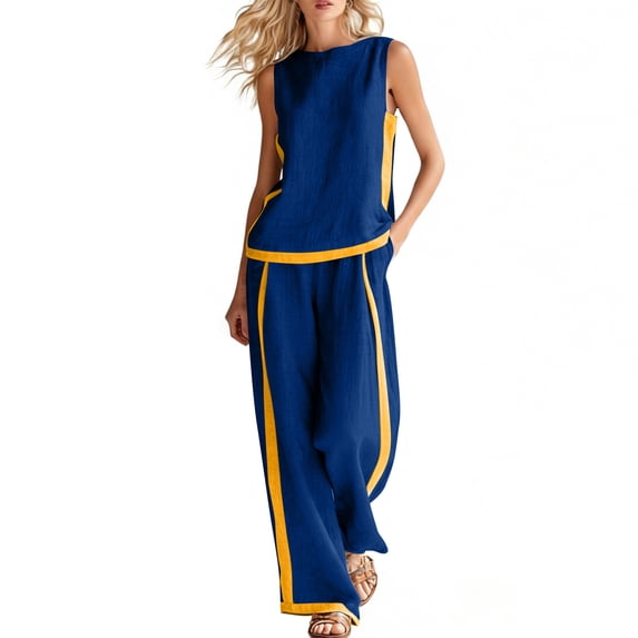 BUIGTTKLOP Summer Outfits for Women Color Block 2 Piece Linen Sets Sleeveless Tank Top Wide Leg Pants Beach Vacation Outfit 2026